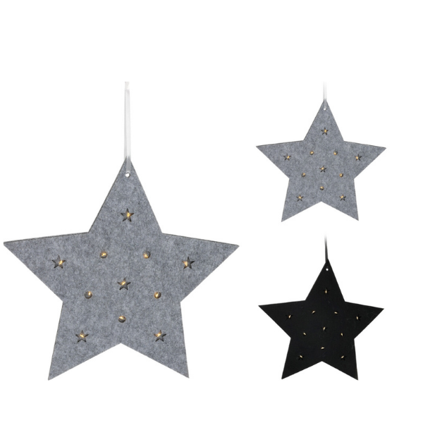 FELT STAR HANGING-BLACK/GREY WITH LIGHTS 14IN (KM) Thumbnail
