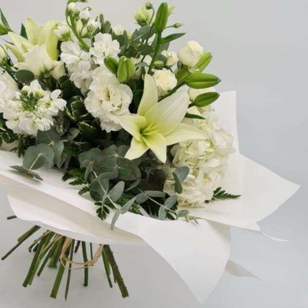 PAPER WRAPPED HAND TIED BOUQUET-WHITES Thumbnail